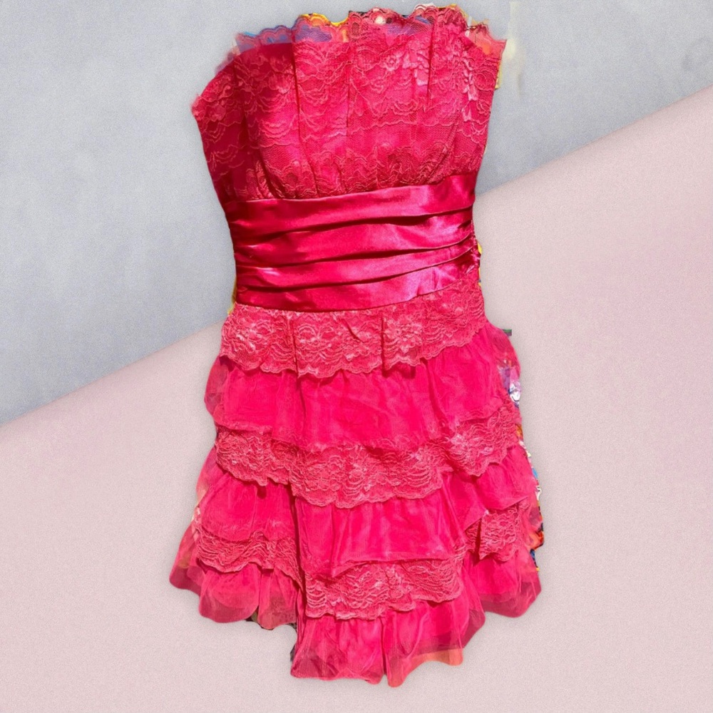 Hot pink strapless tiered lace mini dress